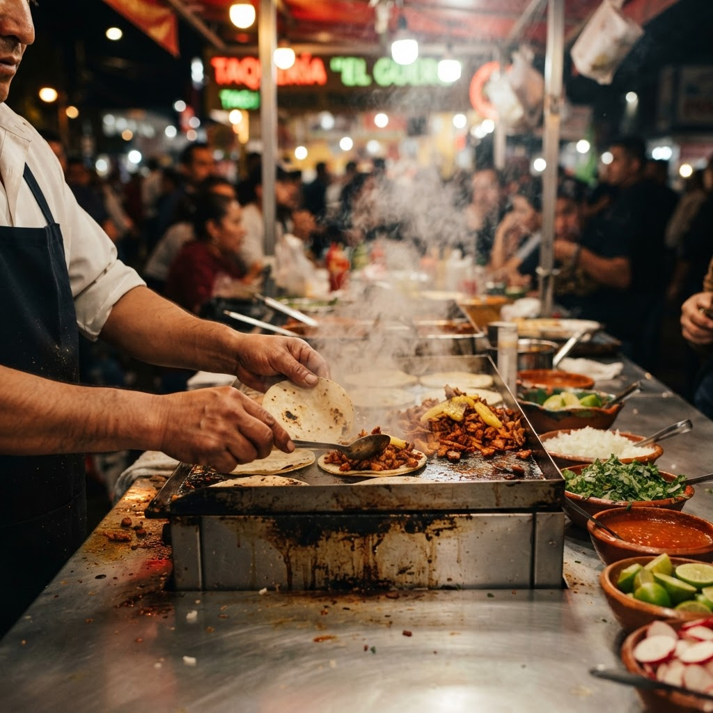 Chef assembling fresh street tacos on a hot griddle